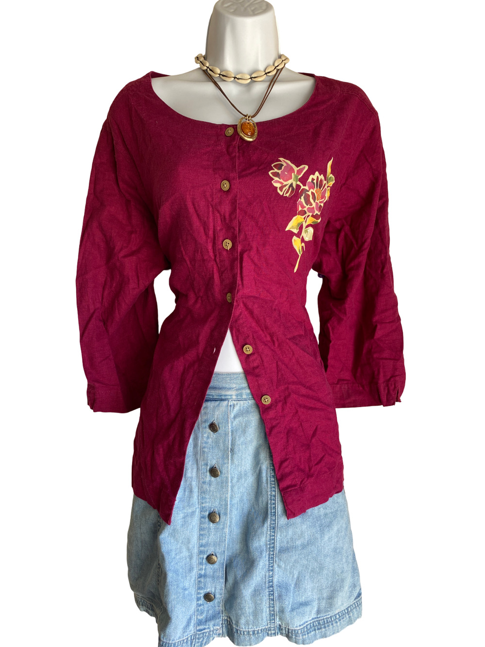 Linen VTG Erika Plus XL Boho Floral Embroidered Front Button Up Blouse Coquette